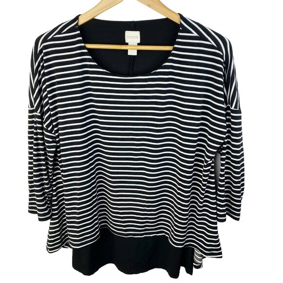 Chicos Top Womens Size Medium Black White Striped Layered 3/4 Sleeve Shirt - Picture 1 of 3